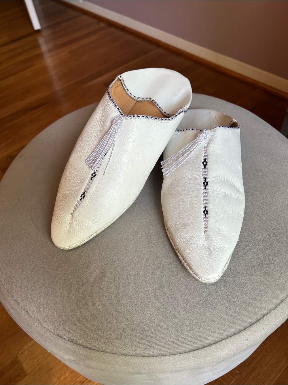 White Leather Tassel Moroccan Slippers